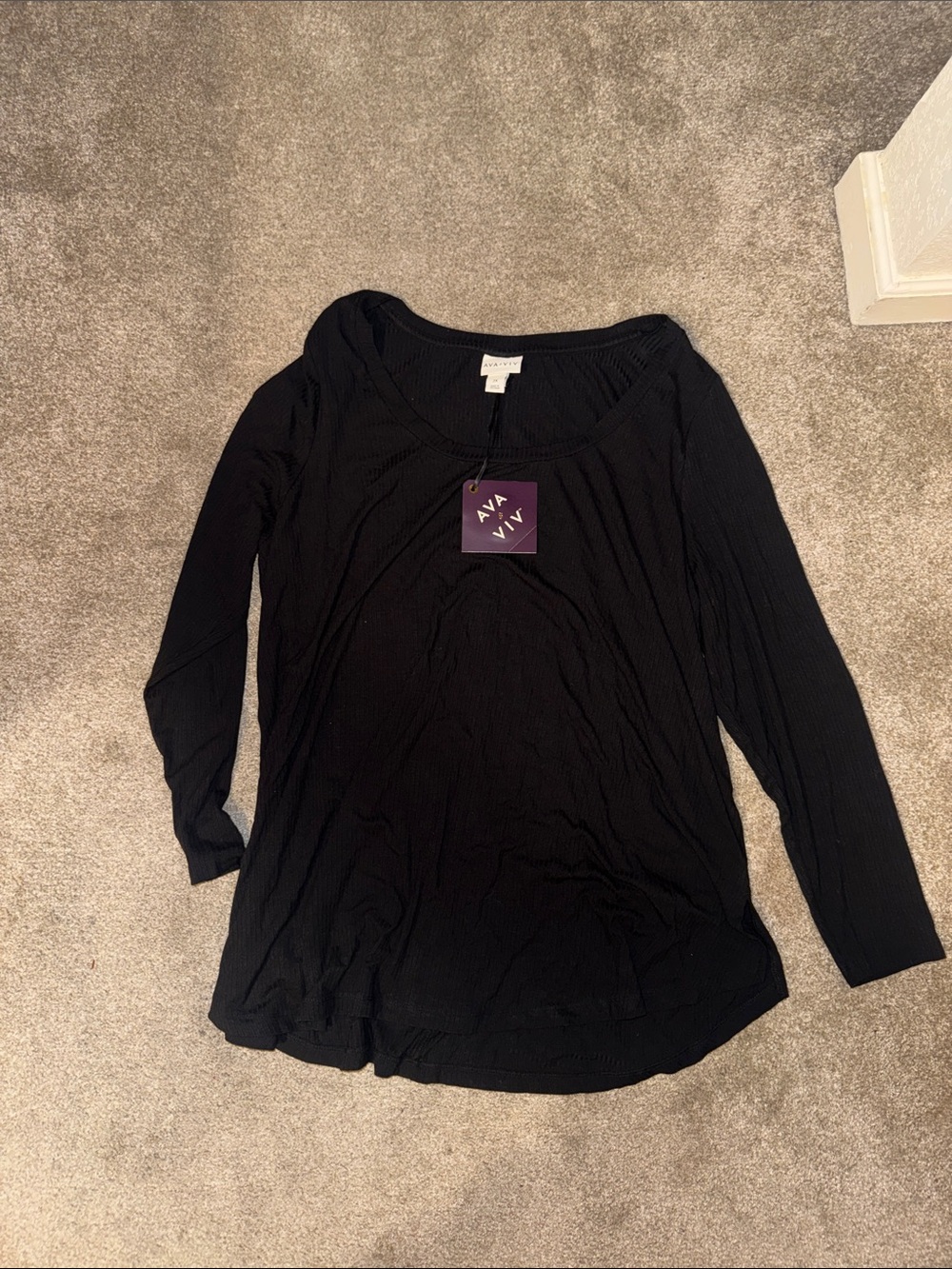 Ava & Viv Black Ribbed Scoop-Neck Long Sleeve Top